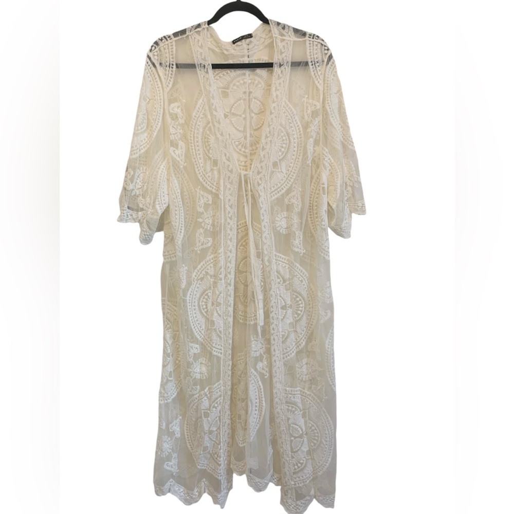 Boho long tie front lace crochet white cream vacation resort cardigan jacket